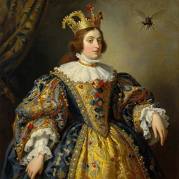 a fly as the royal king by greg hildebrant lisa frank fancy rococo baroque oil painting high quality award winning clothed in fancy garb