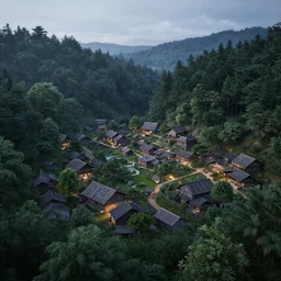 highly detailed octane render of a forest village at twilight