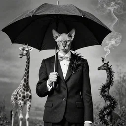 photographic portrait max ernst sad woman hairless cat feathers, wearing a suit, holding an umbrella and a giraffe, spiraling tree cigarette smoke, editorial