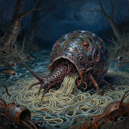 oil painting of radioactive night time terrifying macerated wheeled mollusk in science fiction plague river bed filled with chrome noodles, rusting, horror book jacket illustration baked 6 0 0 f on mercury by boris vallejo, geof darrow