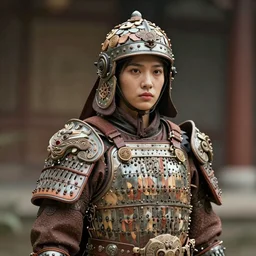 a warrior woman, wearing intricate armor made of pottery pieces. photorealistic, intricate and detailed.
