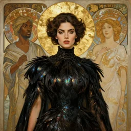 portrait painting of a stunning proud fierce empress, artstation, mymodernmet, by amir ershadi, by ben enwonwu, by alphonse mucha, by soey milk, gold foil aureola, black dress of iridescent feathers, high neck collar, divine, saint, mixed media