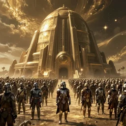 still image screenshot new episode of the mandalorian disney + hundreds of mandalorian soldiers in front of a strange building, moody gold planet, anamorphic lens