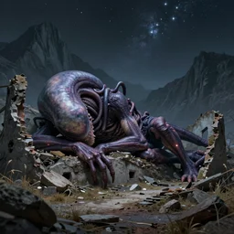 matte painting of a giant extraterrestrial creature sleeping in the ruins in the mountains under starry sky
