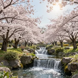 a beautiful garden of cherry blossom trees with waterfalls and streams with a gorgeous bright sun, 8 k, highly detailed, high quality, best camera,