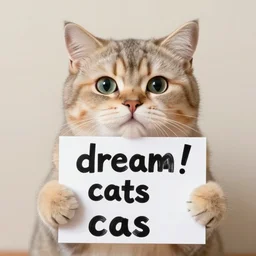 realistic high quality photo of a cute cat holding a sign with text that reads : dream! caaats, cats, cas