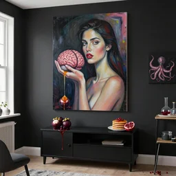 black walls, apartment of an art student, sensual portrait of a woman holding a brain, black 3. 0 furniture, mangosteen, honey dripping, berries dripping juice, pancakes, pomegranate, berries, octopus, scientific glassware, neo - expressionism, surrealism, acrylic and spray paint and oilstick on canvas