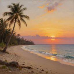 A panoramic scene of a tropical beach at sunset, highly detailed matte oil painting by Rembrandt, Detailed