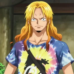 A still of brownbeard from one piece with blonde hair wearing a tie dye t-shirt, in the style of Eiichiro Oda