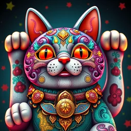 colourful maneki - neko in the style of android jones, 1 6 k, ultra detailed, ultra intricate, artstation