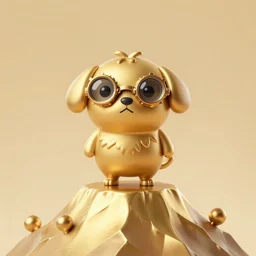shaggy round dog with steampunk glasses, standing in the top of the mountain, art by ovopack, tatsuro kiuchi, yoji shinkawa, cute, cartoon, 3 d art, c 4 d, unreal engine, fantasy, gold color scheme, perfect lighting, smooth, digital art, concept art, trending on artstation