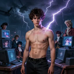 masterpiece portrait of a ( ( ( computers ) ) ), ( ( guapo joven spanish prince sin camisa ) ), tormenta y magia, relampagos, concept character, by greg rutowski and tezuka and oi and mucha and bierstadt and remington, trending on artstation