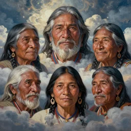 faces of indigenous amazonian grandfathers and grandmothers spirits in the clouds, smiling, protection, benevolence, ancestors, detailed faces, symetrical, religious painting, art by alex gray