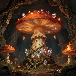 in the underground firefly cave, there is a giant mushroom demon body inlaid with crystals and bound by vines. the atmosphere is very strong, trending on artstation, illustrated by greg rutkowski, 4 k digital art, intricately detailed