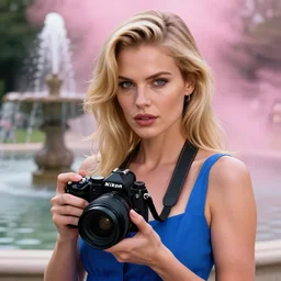 an insanely detailed close up portrait of a beautiful blonde haired woman, blue dress, holding nikon camera, background is a fountain in the park, in the style of peter mohrbacher, artgerm, dramatic lighting and composition, pink fog background, octane render, trending on artstation, concept art 8 k