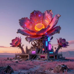 unfinished building by ben van berkel, cosmic flowers retrowave apocalyptic sci - fi dieselpunk at winter cgsociety sunset meadow tundra at dawn reclaimed by nature matte painting azeroth neon signs nature magic realism vice city infrared vaporwave tron laser thermal vision anime, archdaily, wallpaper, highly detailed, trending on artstation.