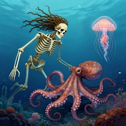 underwater photography of a human skeleton with dreadlocks in symbiosis with an octopus and a jellyfish, by amandine van ray and andreas franke, digital illustration