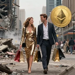 modern city destroyed by war in ruins with luxury couple walking around with shopping bags laughing, color photograph very high detail, ethereum bitcoin cryptocurrency