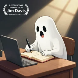 cartoon illustration of a ghost writing a book at a desk, by Jim Davis