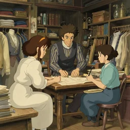tailoring shops, in the style of studio ghibli, j. c. leyendecker, greg rutkowski, artgerm