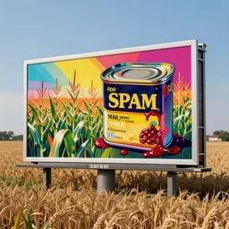 “pop art billboard next to a corn field of a can of spam dripping with blood, colorful stylistic”