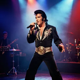 elvis, cthulhu, duet, ballad, las vegas lounge stage, 1 9 6 0 s, 8 5 mm, f / 2. 8, stage lighting, light haze
