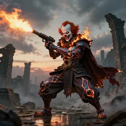 portrait of a diabolical cyborg clown samurai fires a flamethrougher, wearing burning torn cape, dynamic pose, glowing eyes, ancient ruins, glowing veins subsurface scattering, in clouds, sunset, portrait, by gerald brom, by mikhail vrubel, by peter elson, muted colors, extreme detail, reflections, trending on artstation, 8 k