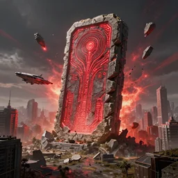 a huge towering and broken stone tablet with red light + alien pattern + an abandoned spaceship, stands in the center of a prosperous city at the end of the world, and the power and energy is explode, secret, mysterious, doomsday, landscape, video game control, quantum break, arknights,