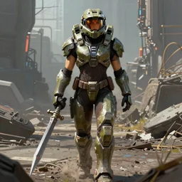 a female body builder walking in a cyberpunk wasteland facing the camera, mjolnir armor from halo infinite, no helmet!!!!, attractive female face!!!, enhance face, ultra realistic, very highly detailed, 8K, halo infinite!!, bioware anthem video game javelin armor, octane render, Digital painting, concept art, illustration, sharp focus, centered, good value control, realistic shading, rational painting