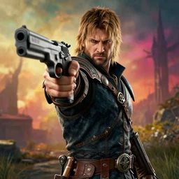todd howard pointing a gun towards the camera and forcing you to buy skyrim, threatening, sharp, cinematic, colorful,