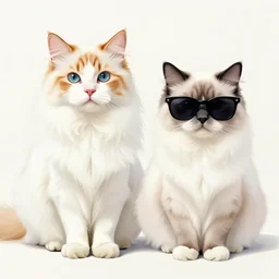 a detailed drawing of a white and orange colorpoint cat with long hair and a white and grey ragdoll cat, wearing sunglasses