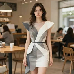 beautiful!!! young adult woman in a cozy coffee shop wearing an avant garde outfit designed by zaha hadid, natural lighting, 5 0 mm