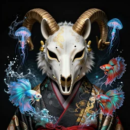 wolf portrait biomechanics with ram skull. beautiful intricately detailed japanese wolf kitsune mask and clasical japanese kimono. betta fish, jellyfish phoenix, bio luminescent, plasma, ice, water, wind, creature, artwork by tooth wu and wlop and beeple and greg rutkowski, ellen jewett, gold black teal and red color scheme
