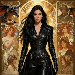 sargent, leyendecker, greg hildebrandt highly detailed portrait of a woman with long black hair, dragonrider, black leather, stephen bliss, unreal engine, by greg rutkowski, loish, ferdinand knab, ilya kuvshinov, rossdraws, tom bagshaw, alphonse mucha, global illumination, radiant light, detailed and intricate environment