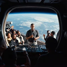 analogue photo of an African DJ entertaining a crowd on a spaceship, planet earth seen from spaceship window, wide angle,