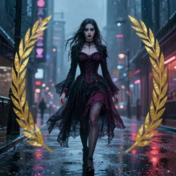 A gothic girl is walking through a futuristic city street at night, it is rainig. Fantasy and concept art, colorful digital painting.
