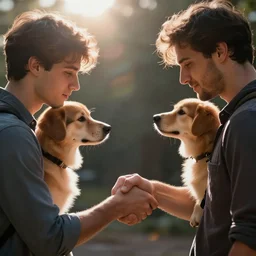 two man giving a handshake and petting each other on the shoulder ultra realistic, lens flare, atmosphere, glow, detailed, intricate, full of colour, cinematic lighting, trending on artstation, 4 k, hyperrealistic, focused, extreme details, unreal engine 5, cinematic, masterpiece, ultra realistic, hyper realistic, highly detailed, sharp focus, digital art
