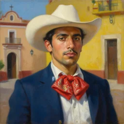 portrait of a handsome mexico in old jalisco, painting by manuel sanjulian and tom bagshaw, oil on canvas, hyperrealism