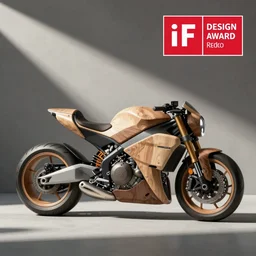 a stylish ev motorbike ; designed by c. a. k. e., marc newsom, zaha hadid, blond ltd, layer design ; natural materials ; industrial design ; behance ; le manoosh ; pinterest ; if design award ; reddot design award