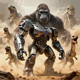 mechabot, dinosaurs, transformers, in a sandstorm from King kong (2005), from kong skull Island (2017), from jurassic World (2015), from madmax Fury Road, cgsociety, ArtStation, by drew struzan