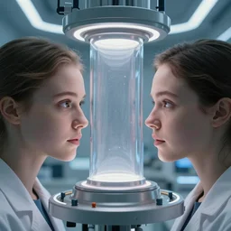 movie closeup polar opposites, couple, researchers in a futuristic lab building inter dimensional portal machine, beautiful skin, Symmetrical faces. Beautiful lighting by Emmanuel Lubezki