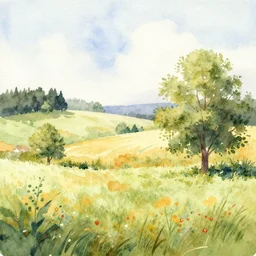 a watercolor of a very soremi landscape on a warm summer's day