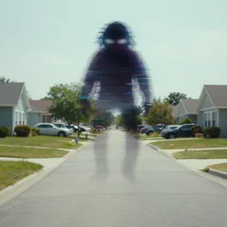 a liminal middle class American suburb, glitch in the matrix, horrifying monster, motion blur, lens blur, clean, empty, depth of field, no filter
