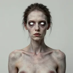 high-quality beautifully done centered portrait of a pretty female zombie without a nose and rough pale dirty skin showing a lot of the thin veins underneath, slanted upturned white eyes::trending on artstation, featured on behance::art by Artgerm and Alessio Albi and Heather Theurer::natural lighting, identical eyes, beautiful eyes medium shot, slender symmetrical face and body, hyper-detailed, single face, insanely detailed and intricate