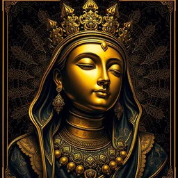 detailed umm kulthum golden statue, by james gurney + intricate and vibrant gold line work + tarot card + mandelbulb fractal + full of black layers + portrait + trending on artstation + incredible gold and black gothic illustration + exquisite detail