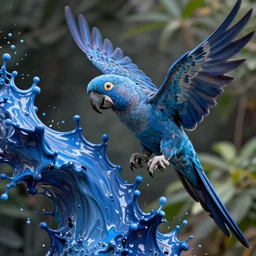 blue parrot emerging from paint motion liquid, fluids flowing, intricate, blue colors, nature background