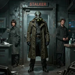 UHD hyperrealistic photorealistic detailed image of a man in a longcoat and gas mask from the Stalker video game series standing in front of an laboratory door, in a ruined and dark underground lab  by Ayami Kojima Amano Karol Bak, Greg Hildebrandt and Mark Brooks