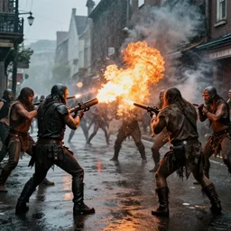 street by street fighting intense combat between flamethrower troops and ragged barbarians in the rain cinematic