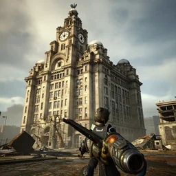 royal liver building, liverpool in ruins post - nuclear war in fallout 4, in game screenshot