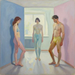 An abstract oil on canvas painting depicting three figures doing three different poses in three different coloured rooms, pastel colours, depth of field, spotlighting
